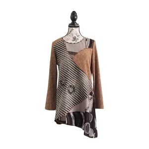 Tan and Brown Asymmetrical High-Low Dress with Bell Sleeves